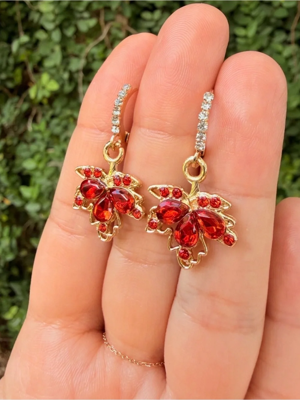 Leaves Red Crystal Floral Drop Gold Earrings